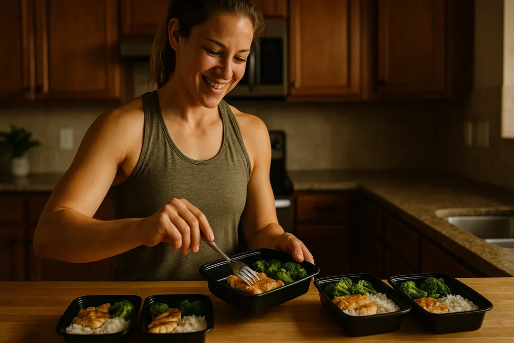 Athlete preparing meal boxes with lean protein, rice, and vegetables on a kitchen counter