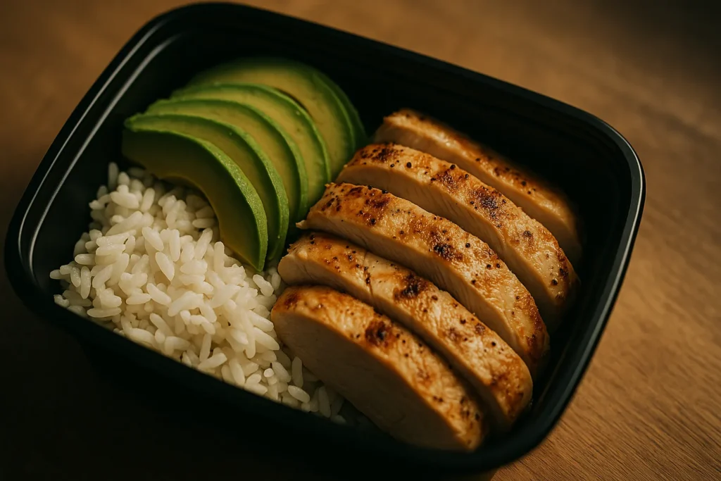 Close-up of balanced athlete meal rice, chicken, avocado