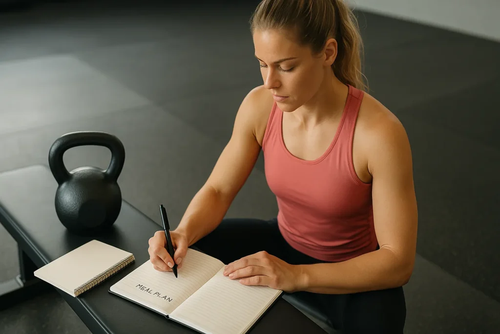 Bright sports-performance look- athlete logging a simple meal plan next to a kettlebell and notebook on a clean gym bench