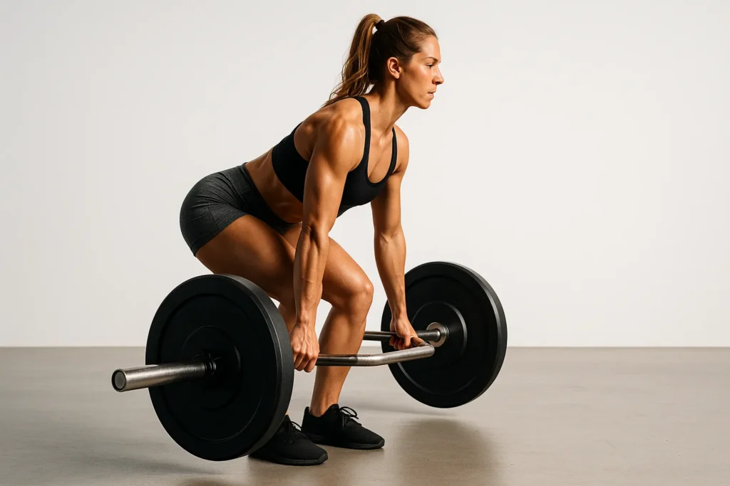 Athlete performing a trap-bar deadlift with perfect form, sharp detail on posterior chain