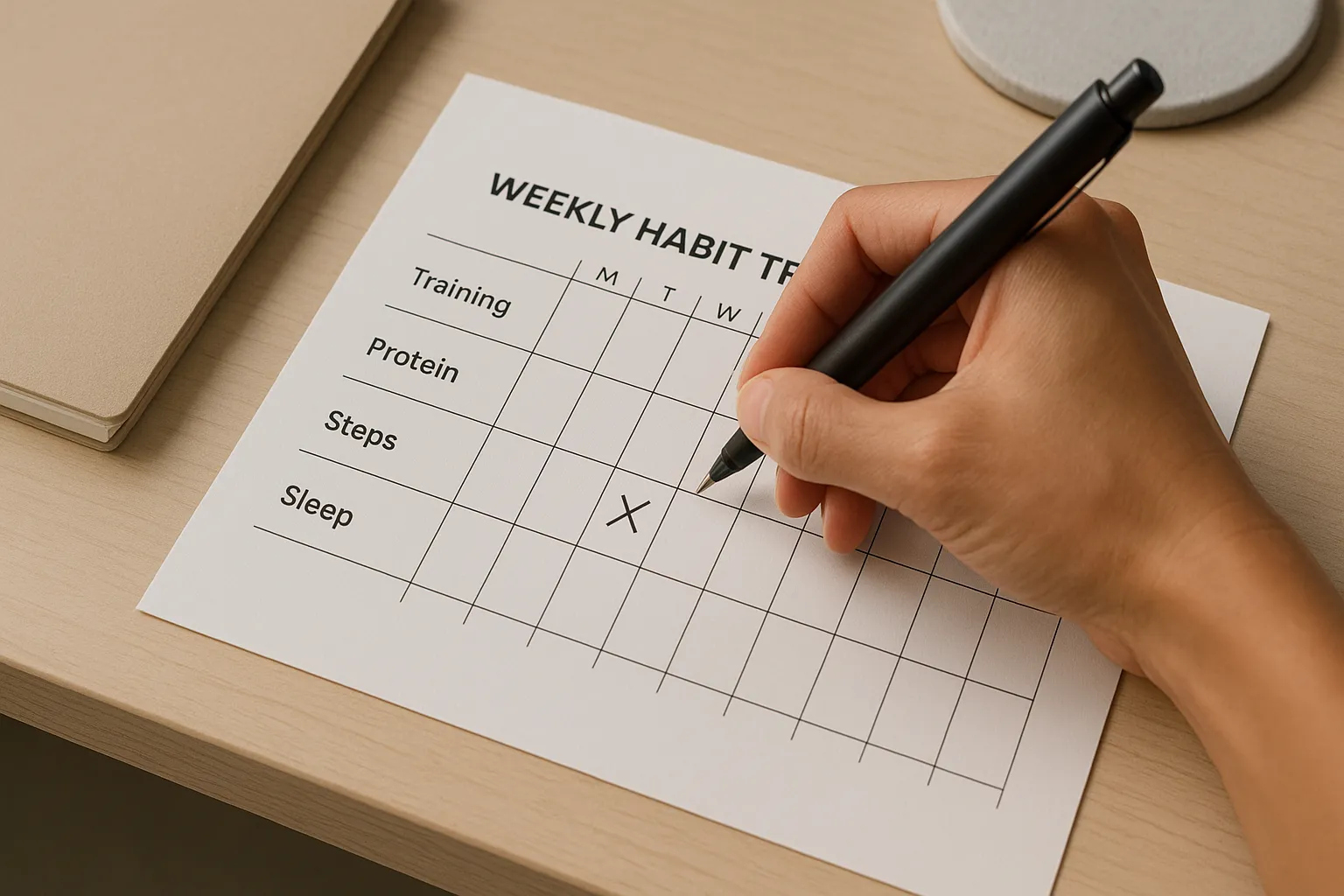 Close-up of a hand ticking a weekly habit tracker- training, protein, steps, sleep; crisp desk setup