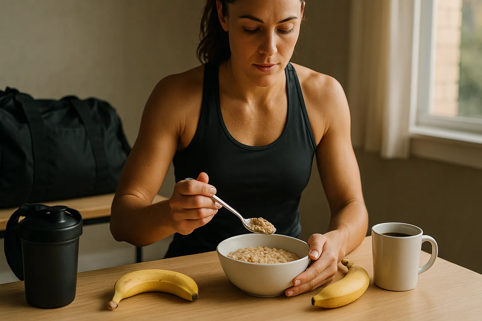 Athlete eating balanced pre-race breakfast oats, banana, coffee with gym bag nearby