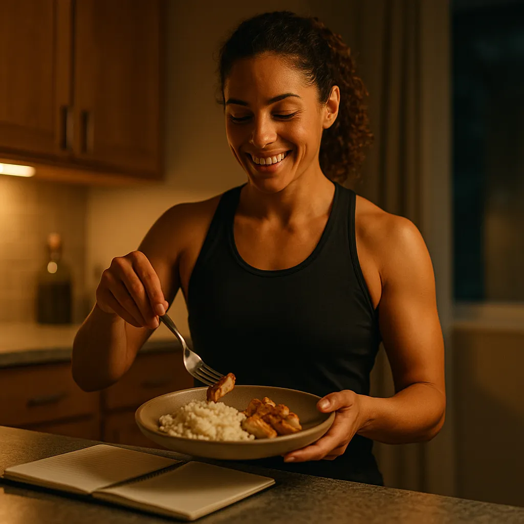 Athlete plating rice and chicken for pre-race dinner