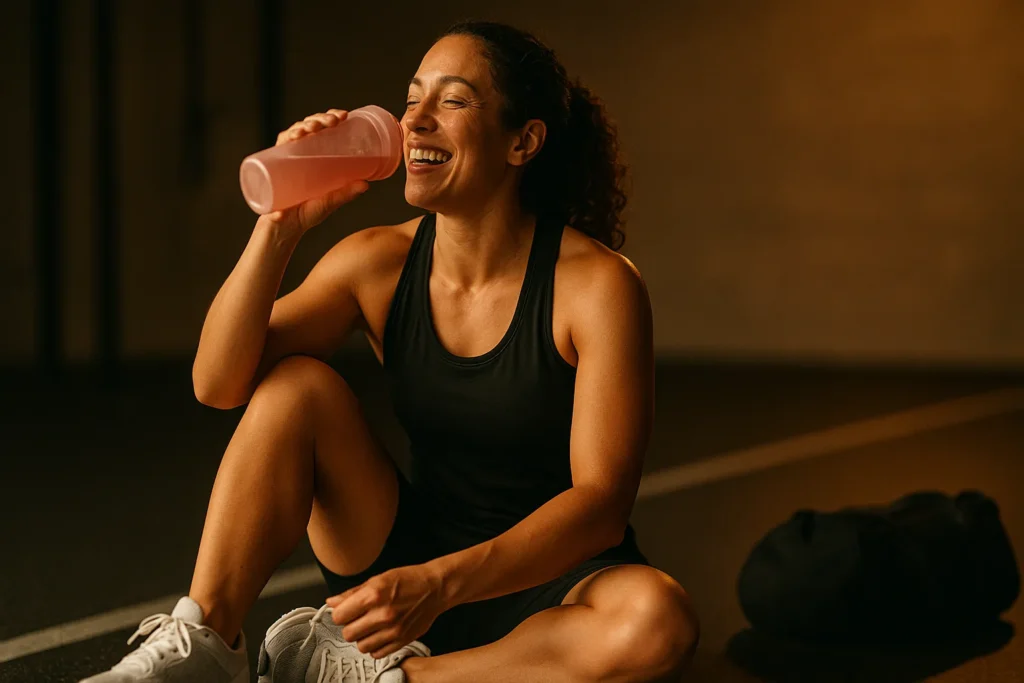Athlete sipping electrolytes while tying race shoes in warm-up zone