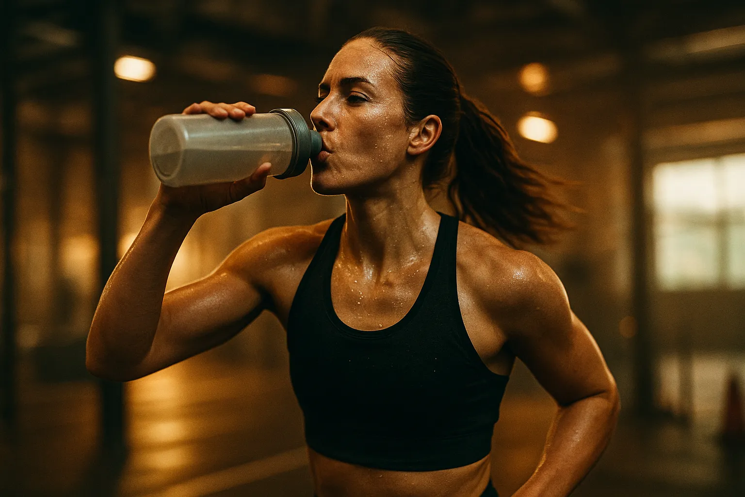 Athlete drinking from bottle mid-HYROX race transition, sweat visible