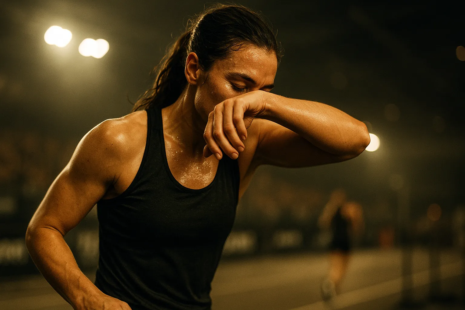 Athlete wiping sweat during HYROX run segment, backlit under arena lights