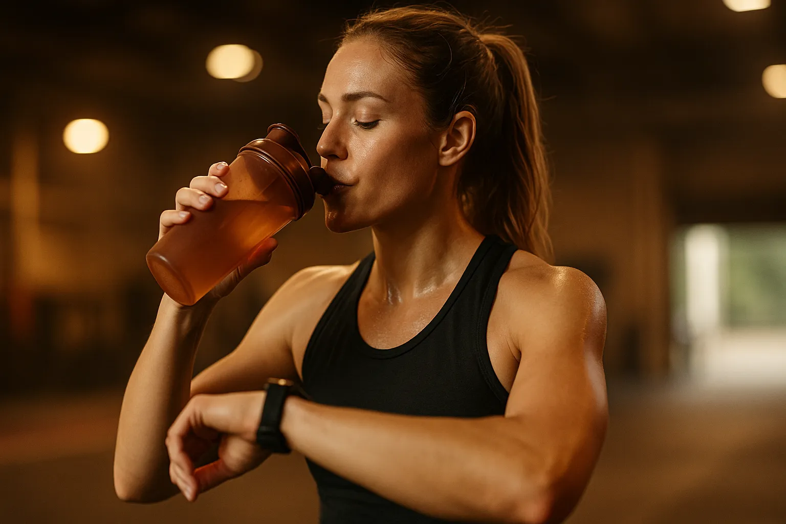 Athlete checking start watch and sipping electrolyte drink pre-race