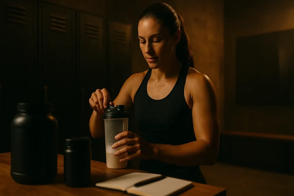 Athlete mixing supplement shaker pre-workout in a gym changing area