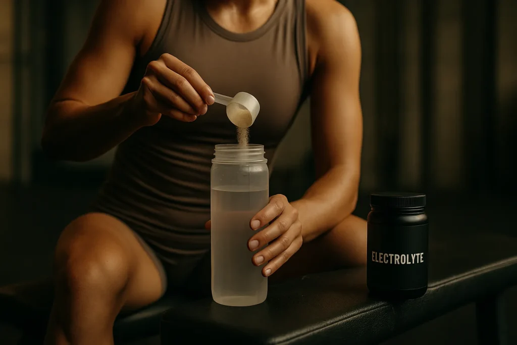 Athlete pouring electrolyte mix into bottle on gym bench