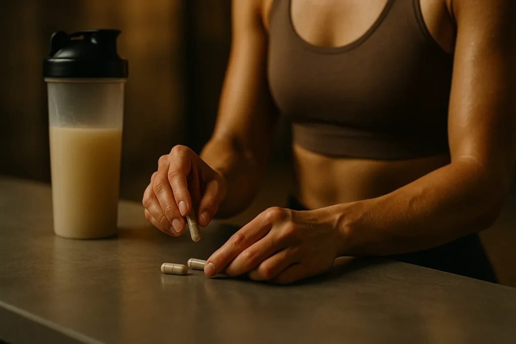 Athlete placing adaptogen capsules on counter beside shaker