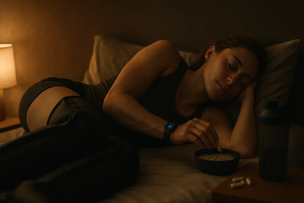 Athlete sleeping on their side with recovery boots on, dim warm bedside light, fitness watch glowing subtly