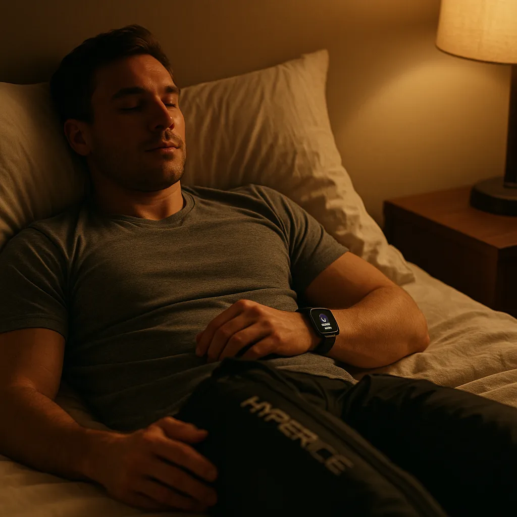 Athlete lying in bed with recovery boots, smartwatch sleep screen visible