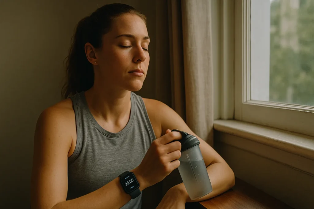 Athlete sitting by a window with eyes closed, timer set for a 25 minute nap
