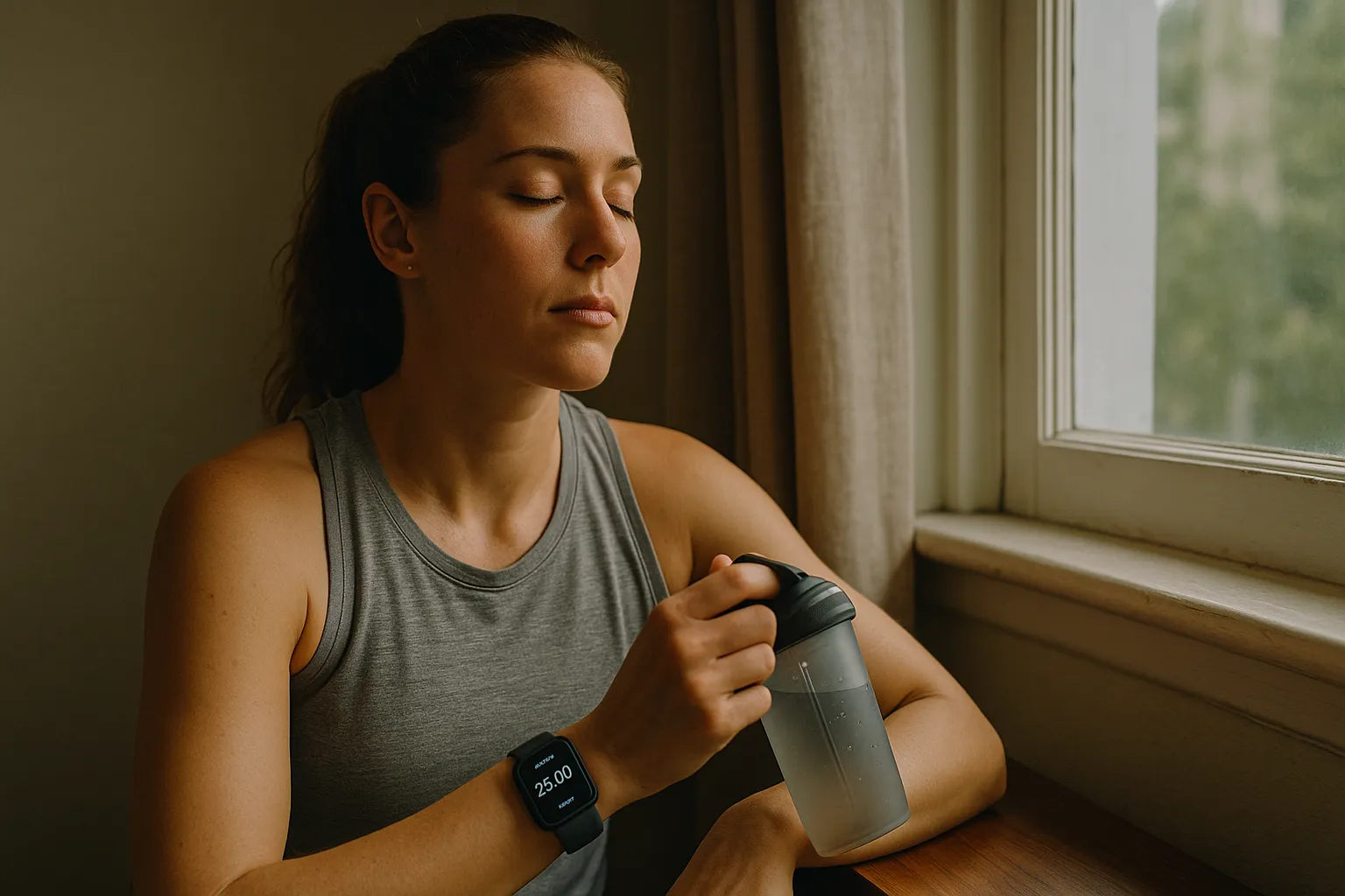 Athlete sitting by a window with eyes closed, timer set for a 25 minute nap