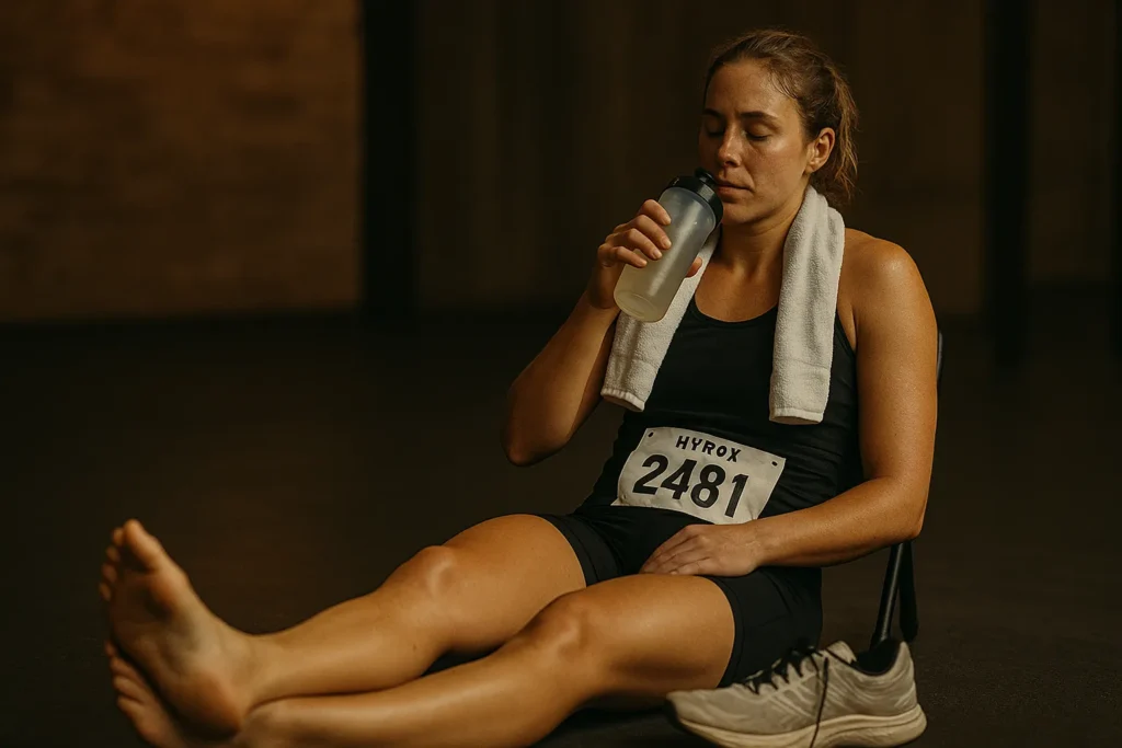 Athlete seated post-race with towel around neck