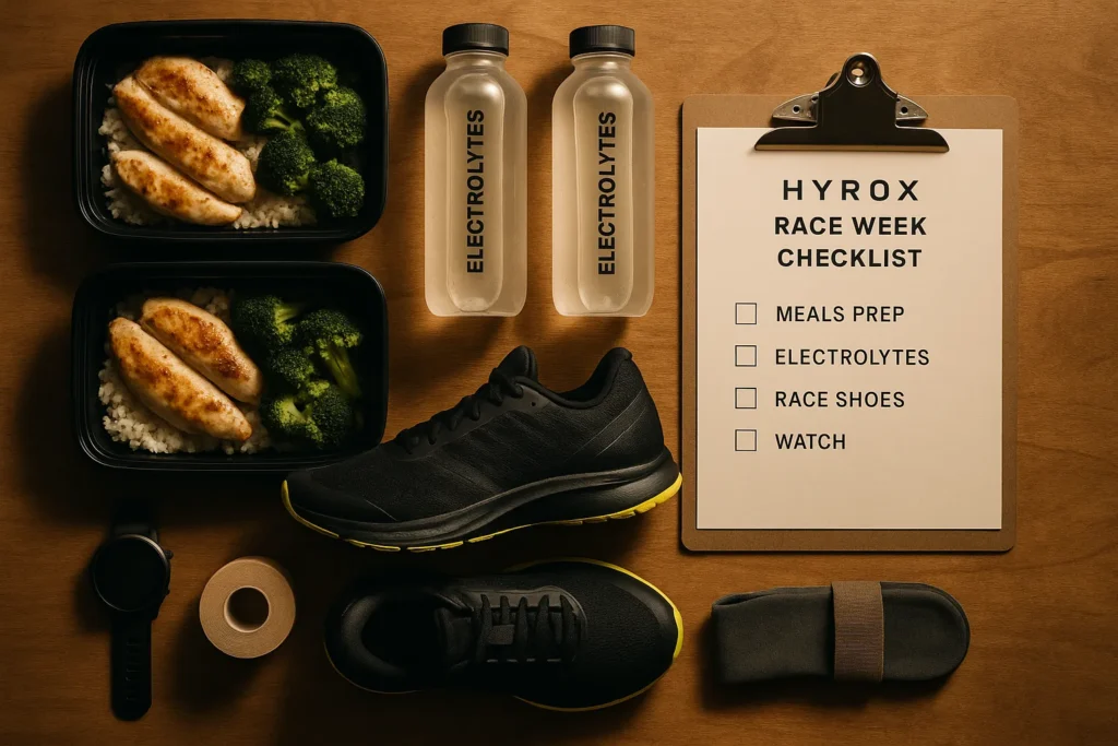 Flat-lay of HYROX race week essentials on a table- meals prep boxes, electrolyte bottles, race shoes, watch, tape, checklist on clipboard