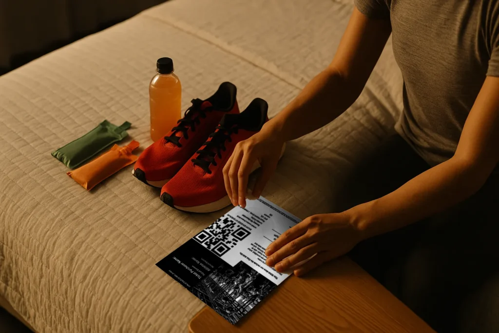 Athlete laying out race shoes, socks, and nutrition on a bed, printed ticket ready