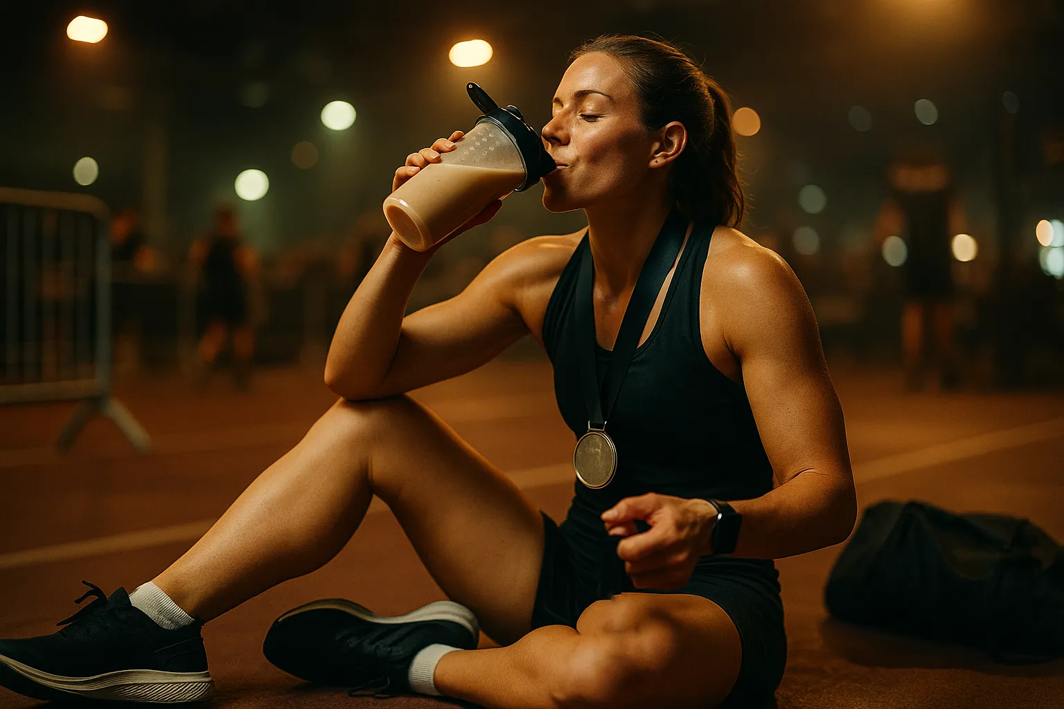 Athlete sipping recovery shake in finish zone, light stretching with medal