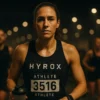 Athlete mid HYROX race with eyes locked forward, background competitors slightly blurred