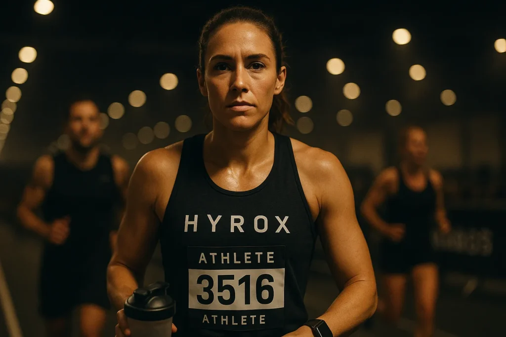 Athlete mid HYROX race with eyes locked forward, background competitors slightly blurred