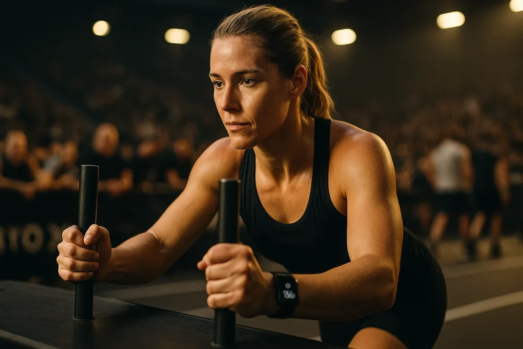 Athlete mid sled push, face calm and focused