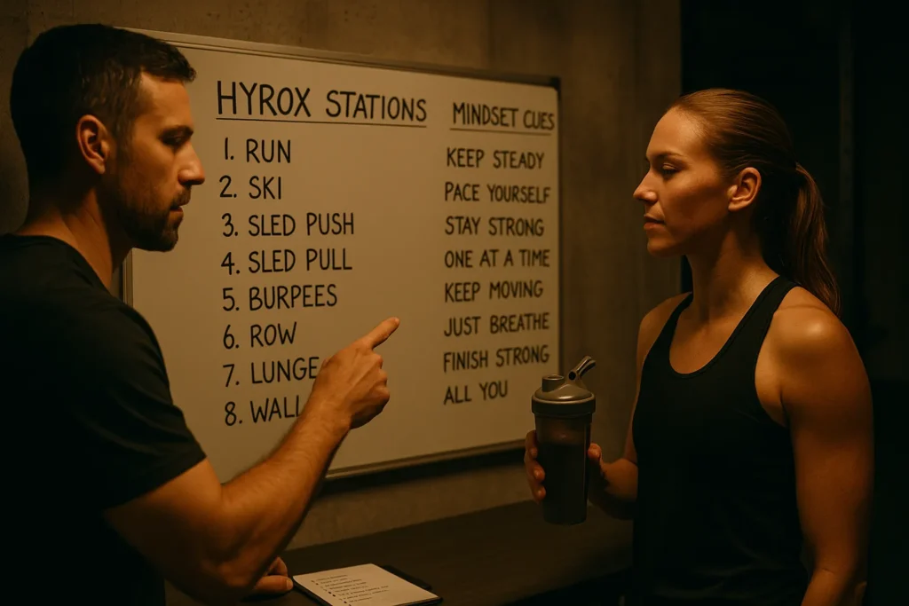 Coach and athlete reviewing whiteboard with HYROX stations and short mindset cues