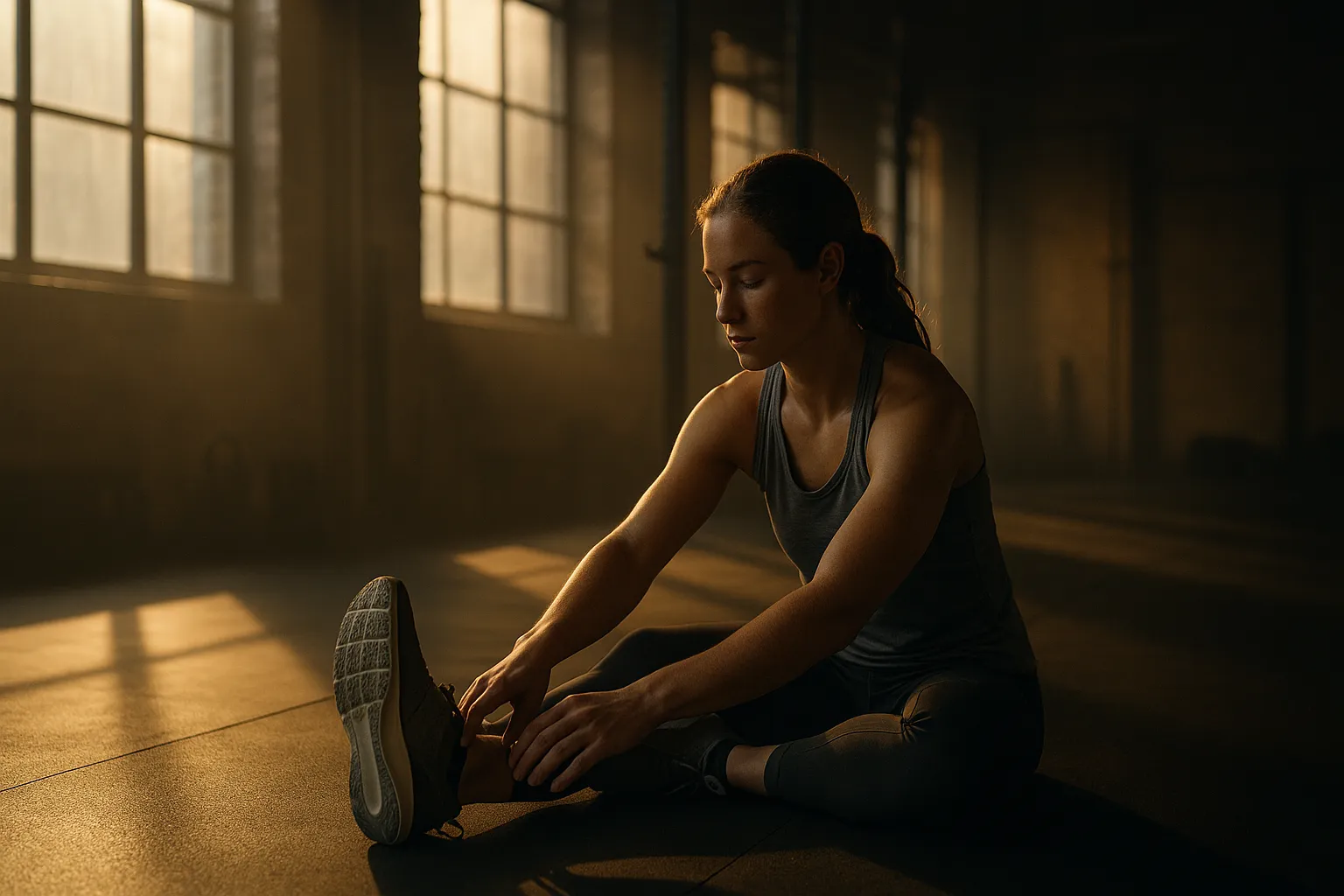 Athlete stretching quietly in an empty gym during race week