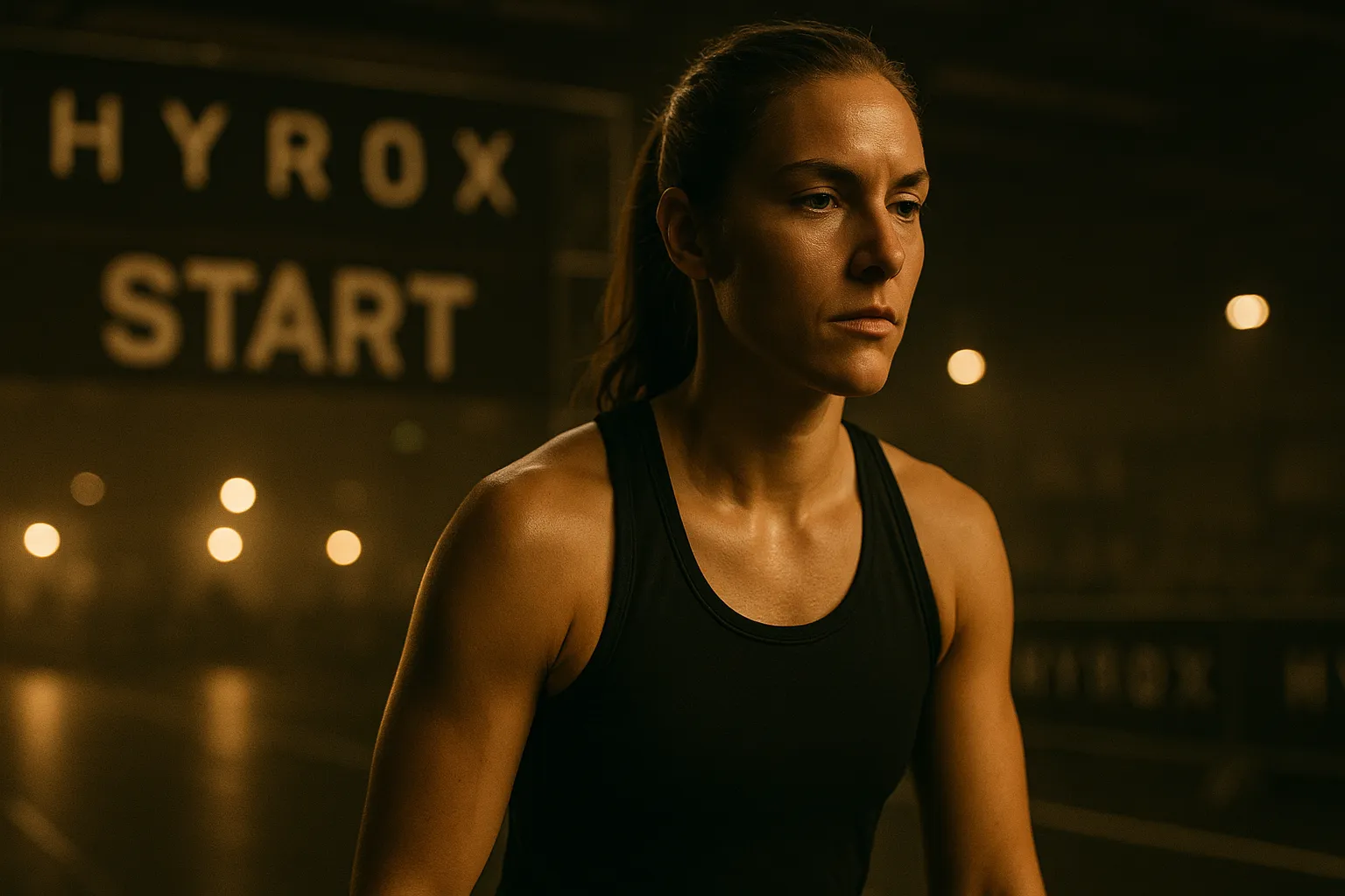 Athlete standing at HYROX start line, deep focused expression