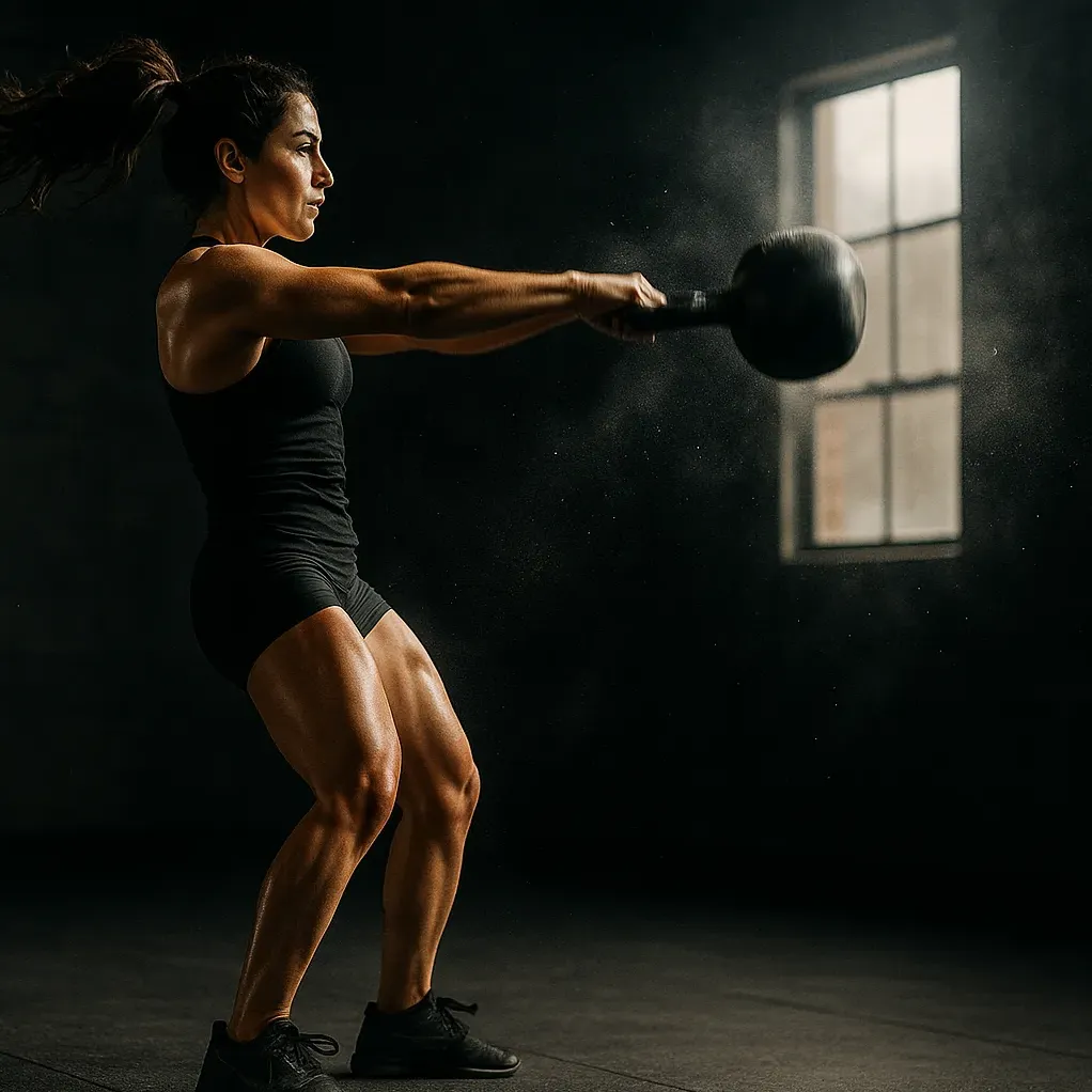 athlete performing an explosive power movement mid-action, such as a kettlebell swing, full-body extension visible