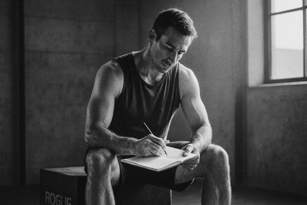 Athlete sitting with notebook open, writing race reflections