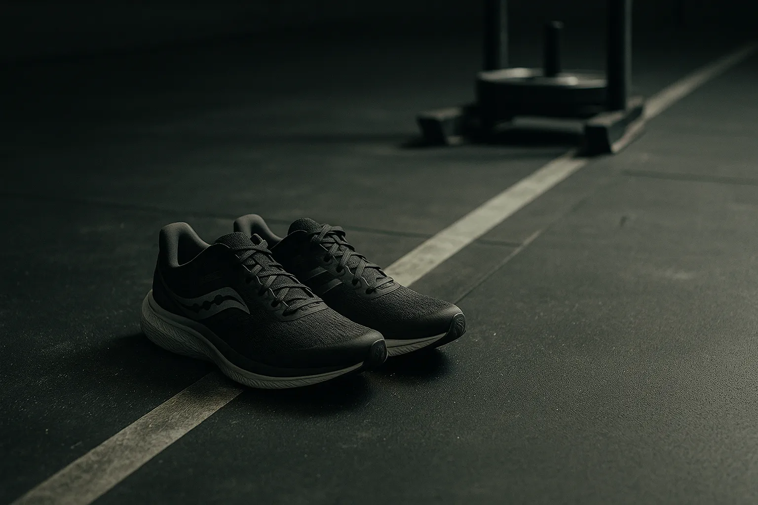 Pair of HYROX-ready running shoes positioned on a gym floor beside a sled lane