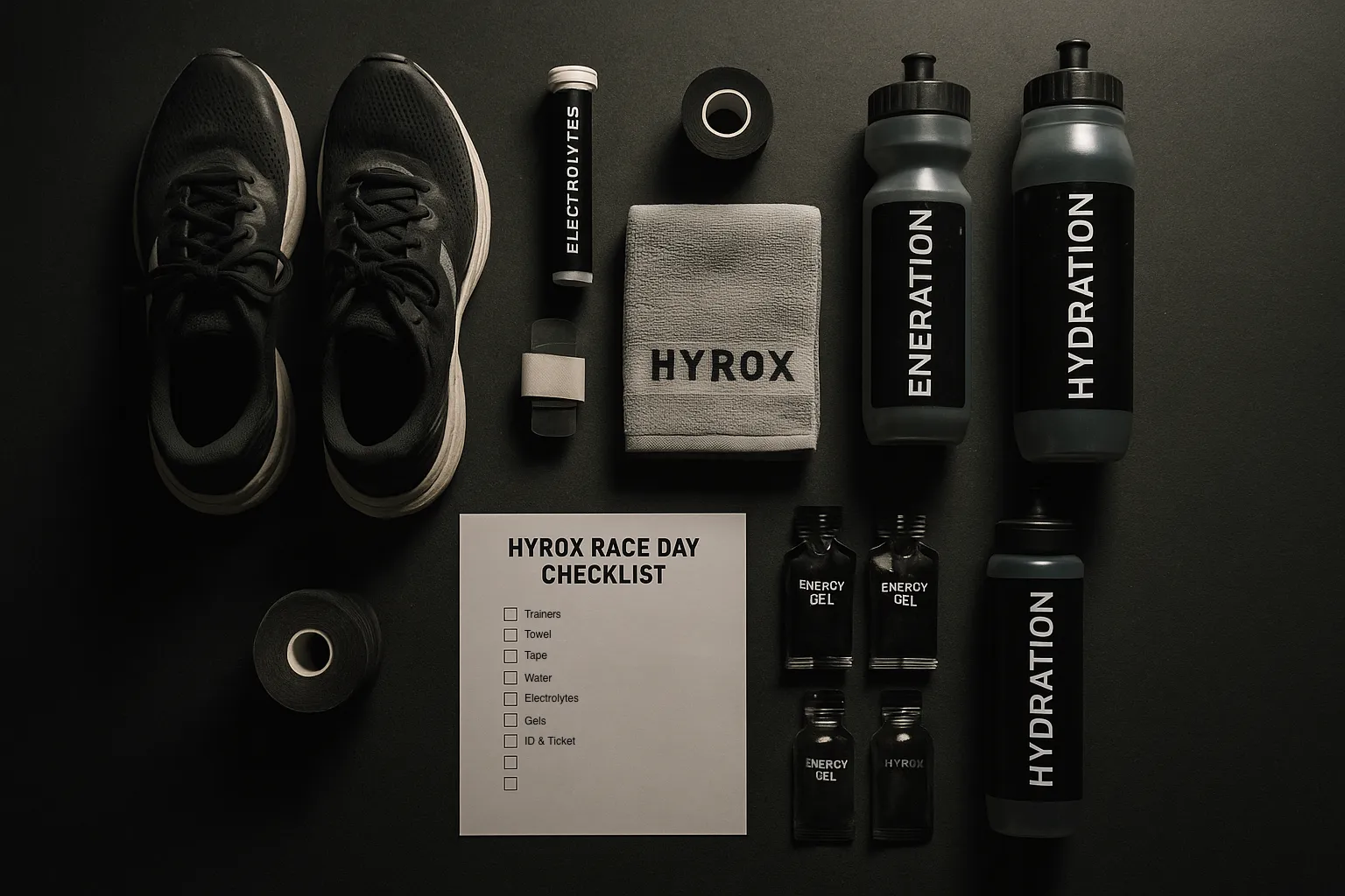 Flat-lay of HYROX race day essentials- shoes, electrolytes, towel, tape, energy gels, hydration bottles and printed checklist