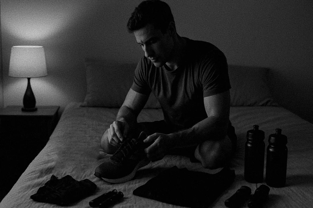 Athlete organising race gear on bed the night before, soft warm light, shoes, bottles