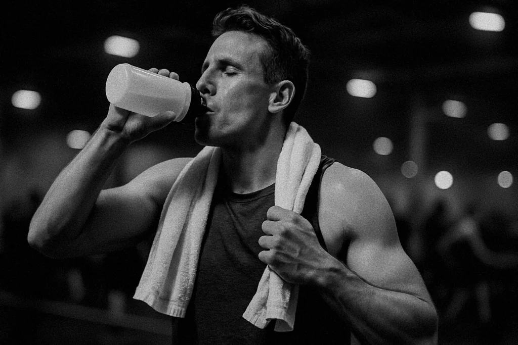 Athlete sipping recovery drink and stretching with towel over shoulders, post race zone