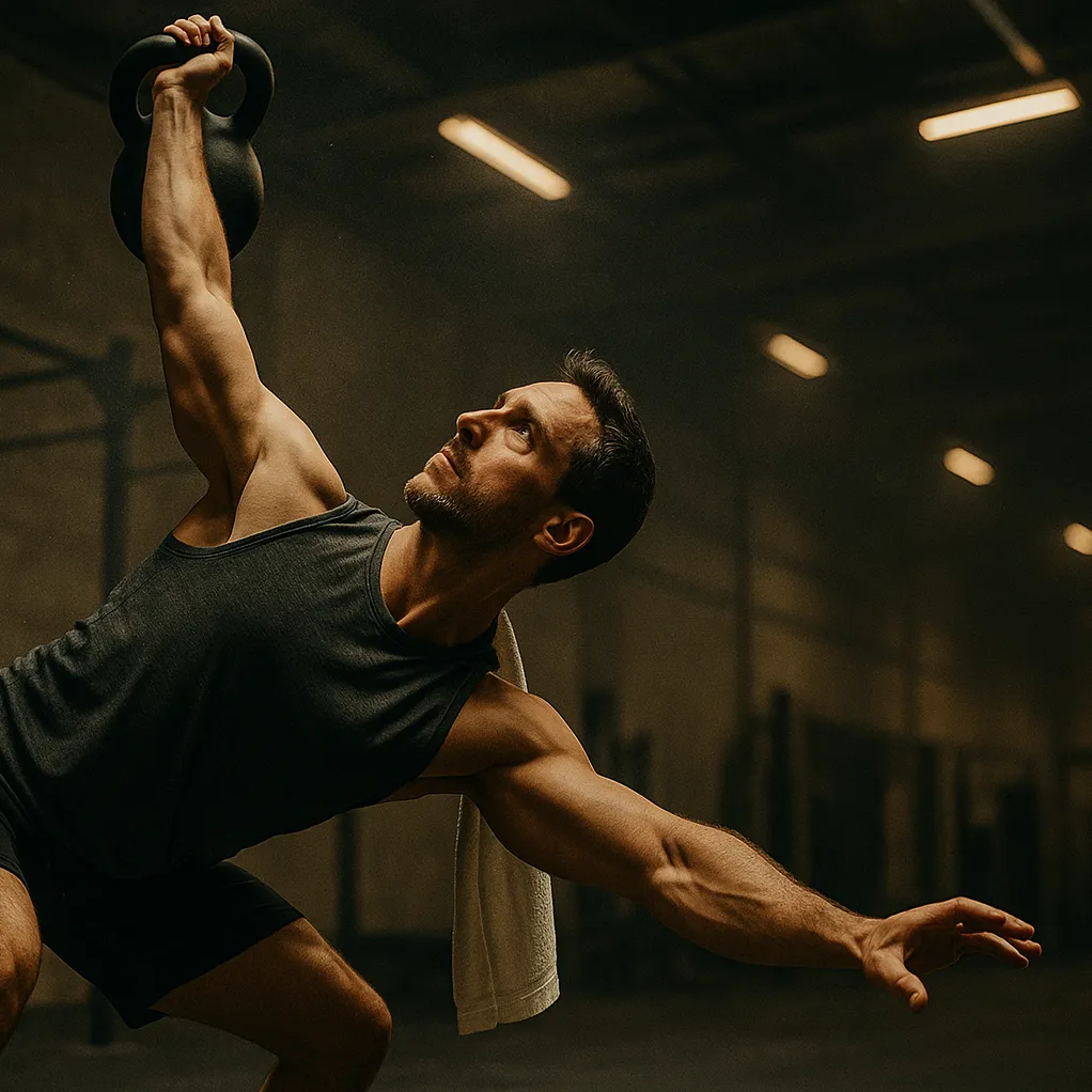 athlete performing a kettlebell windmill, kettlebell locked overhead, deep hip hinge and trunk rotation
