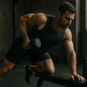 athlete performing a single-arm dumbbell dead stop row, one hand braced on bench