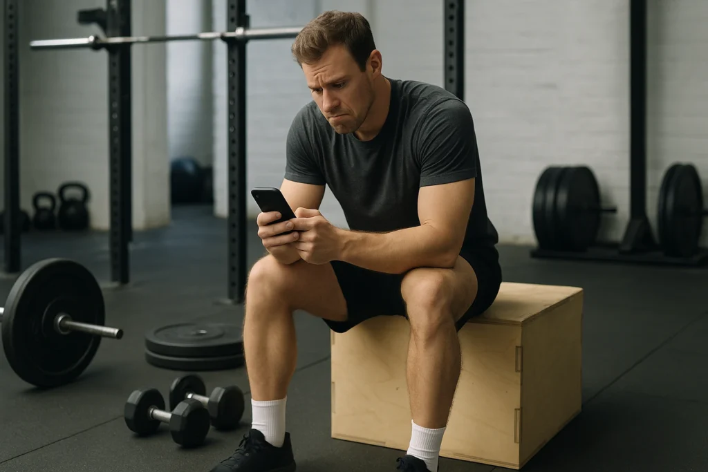 Athlete endlessly scrolling fitness content on a phone, expression showing confusion or skepticism