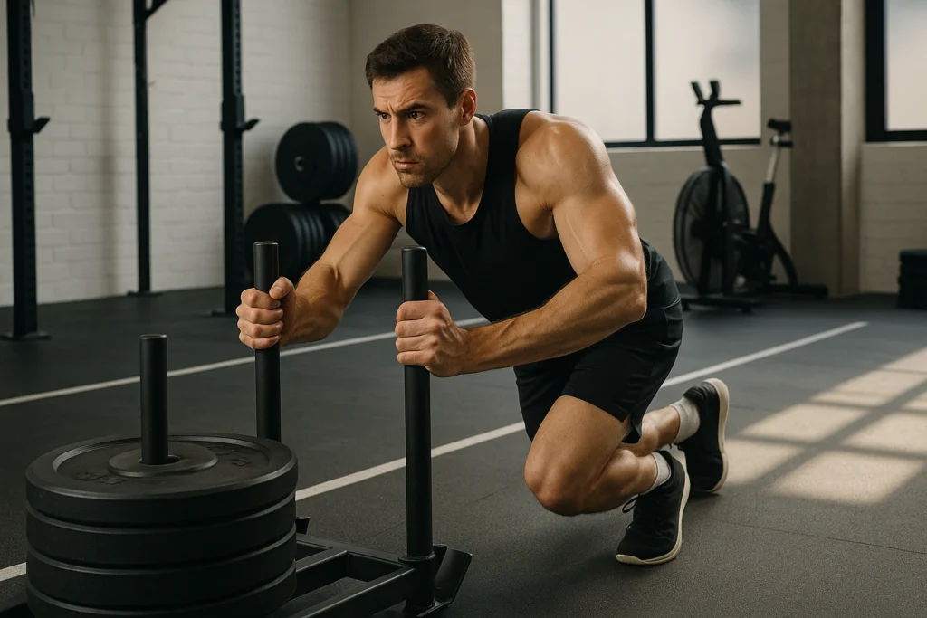 Athlete performing sled push in clean functional gym with crisp lighting and visible determination