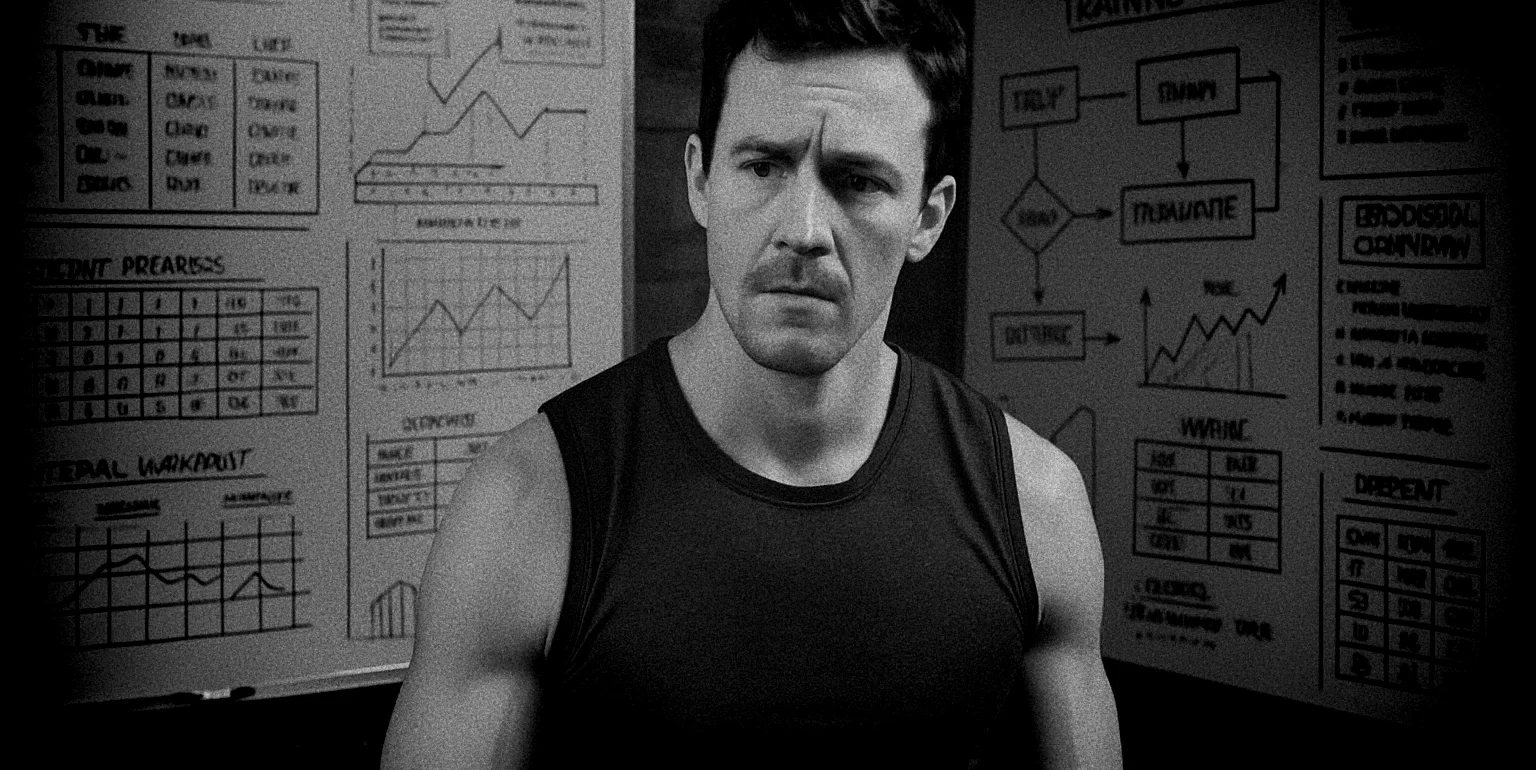 athlete in a gym surrounded by whiteboards, charts and complex training diagrams, expression showing mild confusion