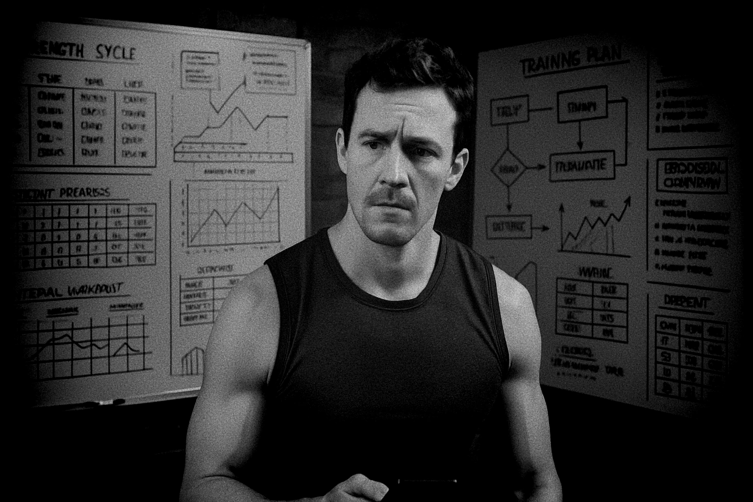 athlete in a gym surrounded by whiteboards, charts and complex training diagrams, expression showing mild confusion