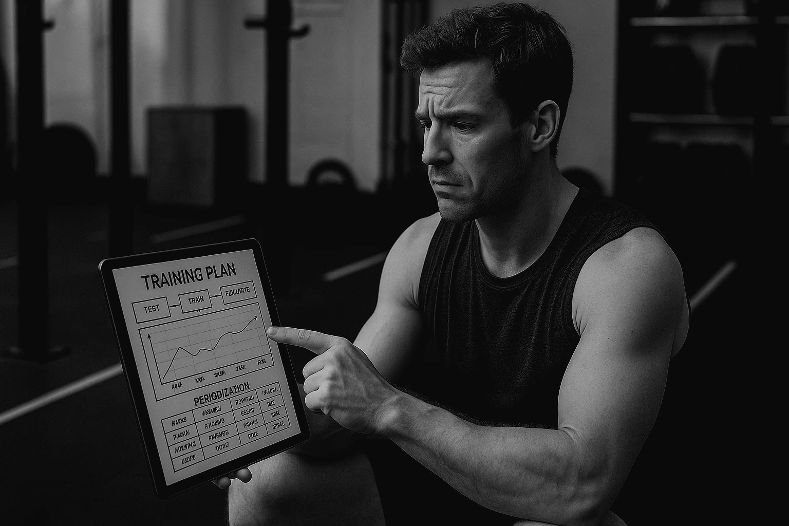 Athlete attempting to follow a scientific training chart on a tablet