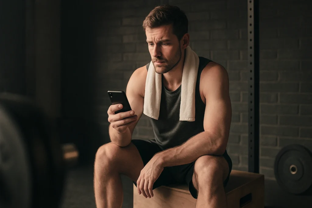 athlete sitting on a plyo box in a dim industrial gym, soft directional lighting, holding a phone with a thoughtful expression, weights blurred in foreground, visual mood of confusion and reflection