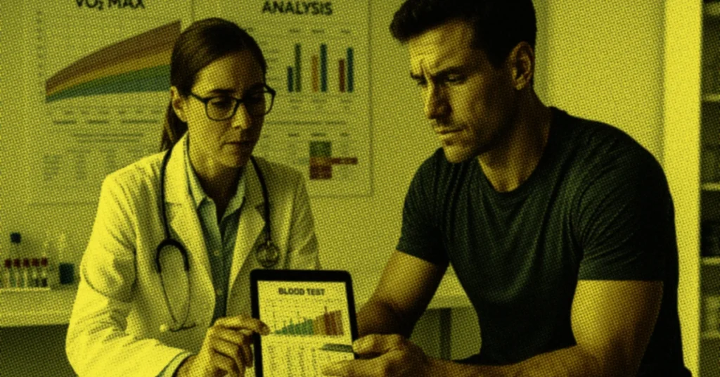 Athlete reviewing test results with a sports doctor, bright clinical setting, clear charts visible