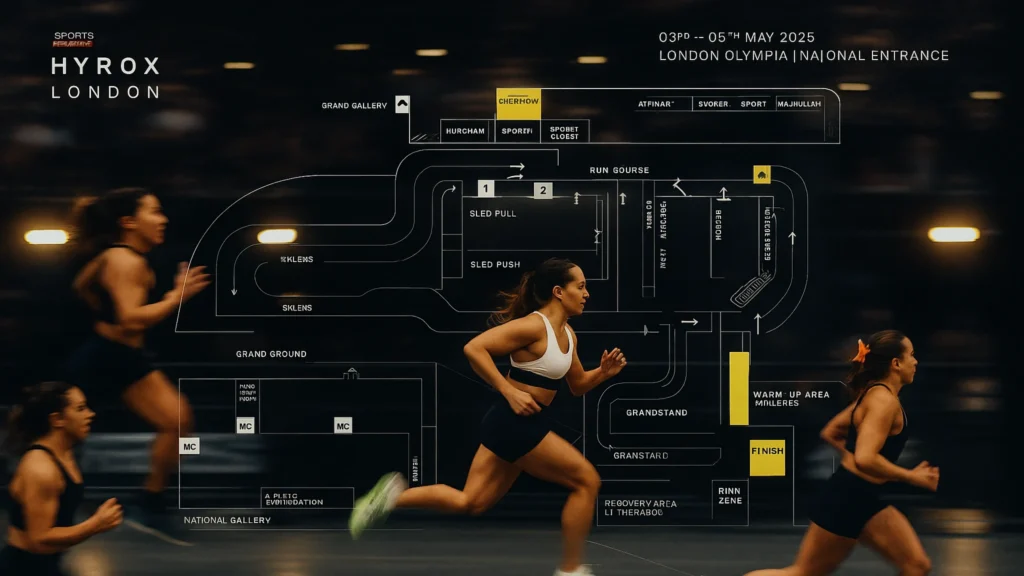 global HYROX event map overlay on vibrant arena scene, athletes running past