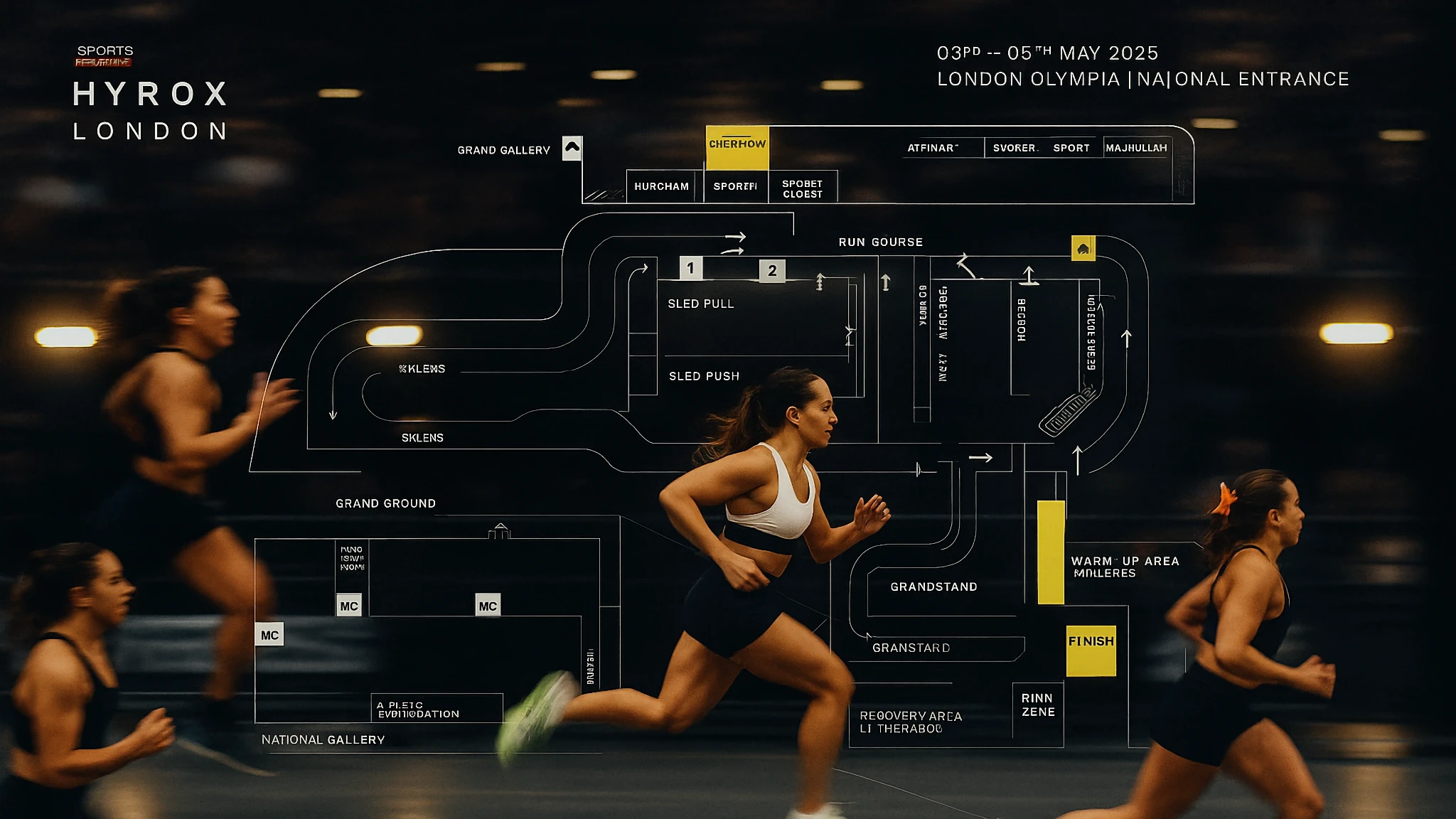 global HYROX event map overlay on vibrant arena scene, athletes running past