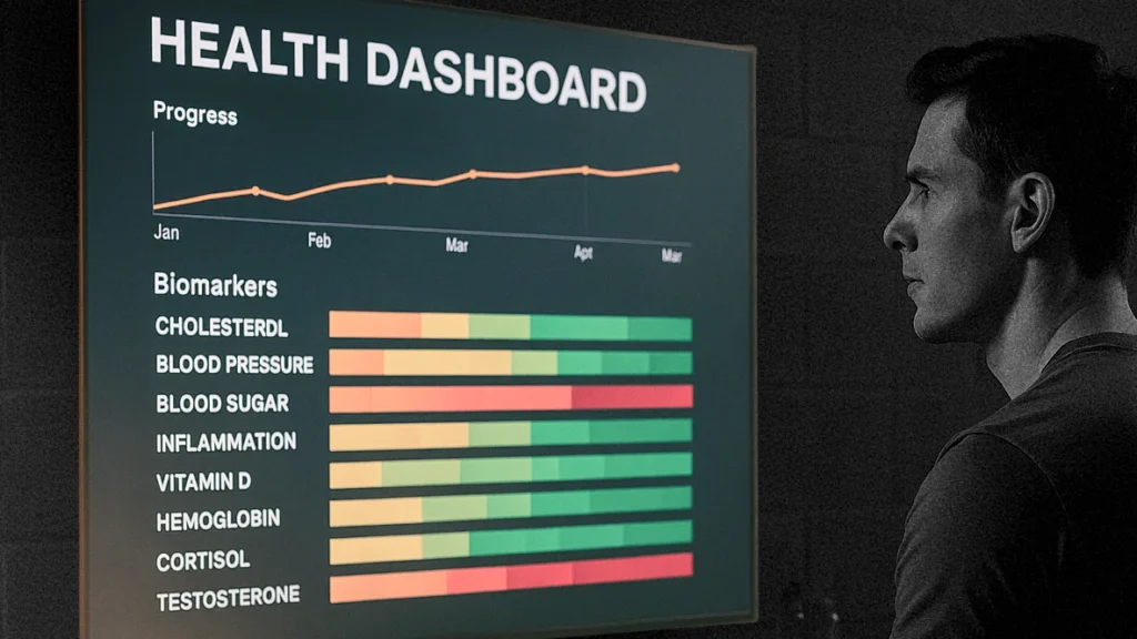 athlete sitting in a performance lab reviewing a colourful health dashboard on a large screen, warm cinematic lighting, industrial gym textures, subtle haze, focus on the screen with biomarker colour bands