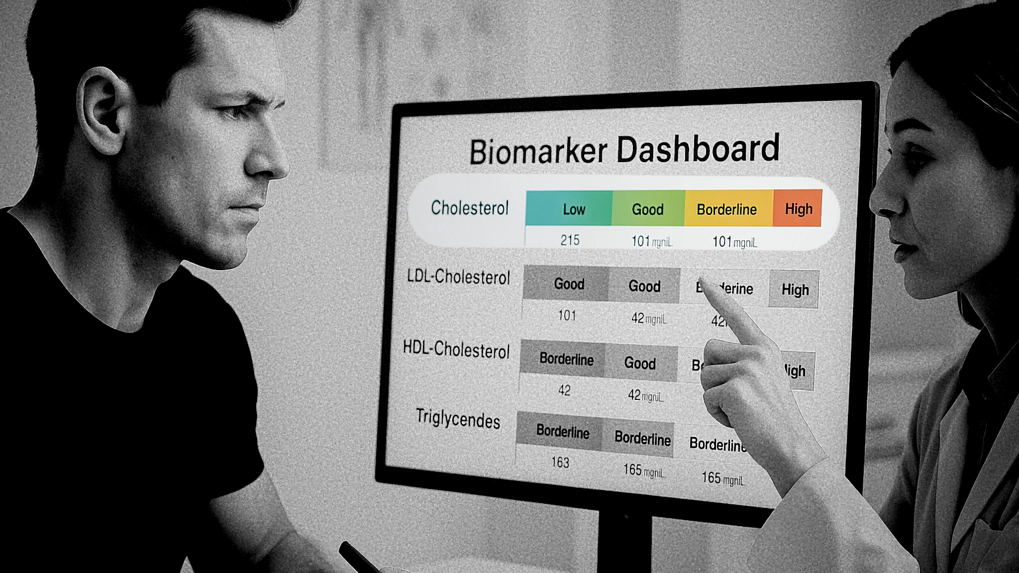 athlete and sports doctor examining a biomarker dashboard on a large monitor