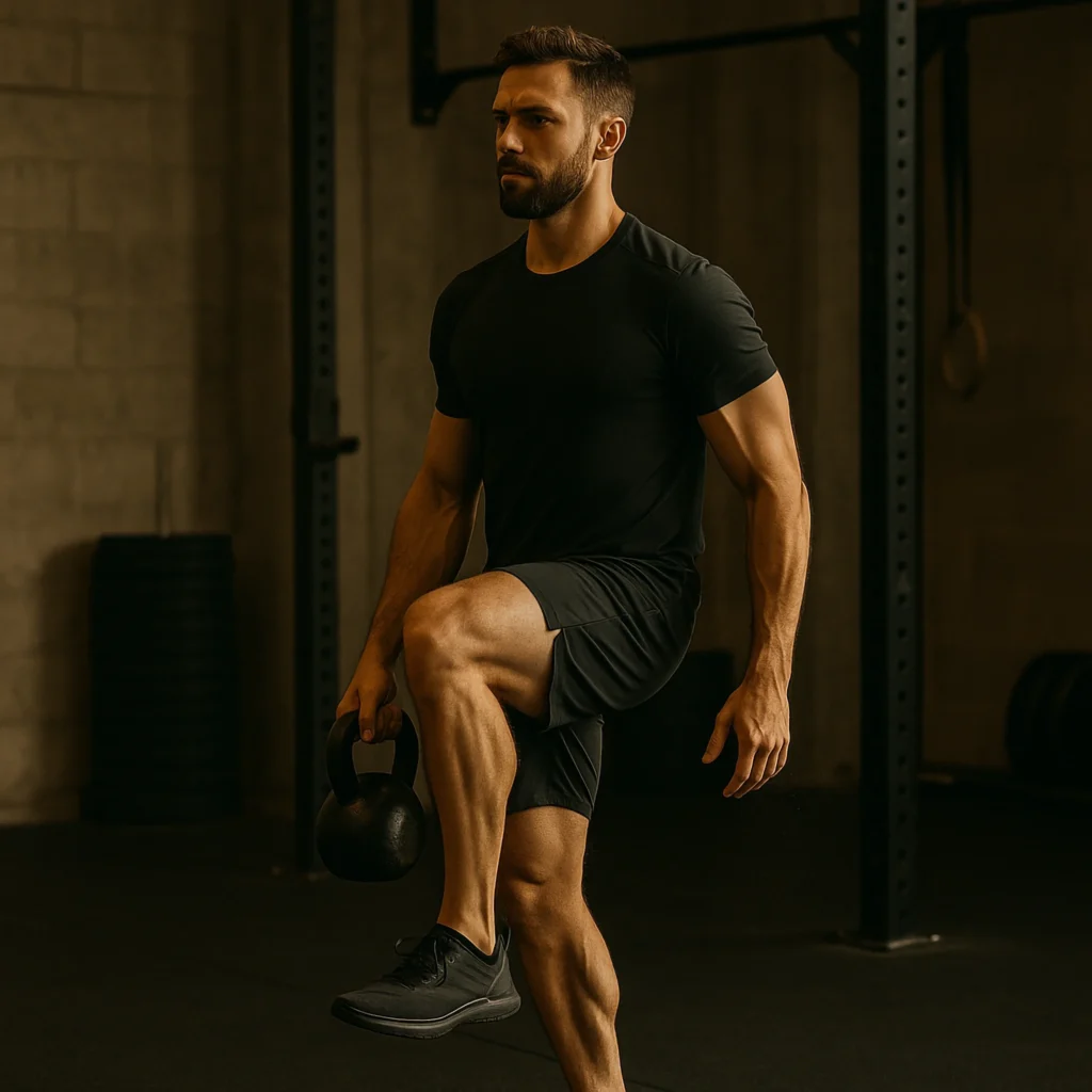 athlete performing a kettlebell suitcase march, single kettlebell held by the side, tall posture, slow controlled step