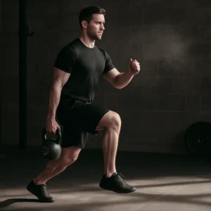 athlete performing a kettlebell suitcase deadlift to march, kettlebell at one side, tall posture transitioning from hinge into a controlled step