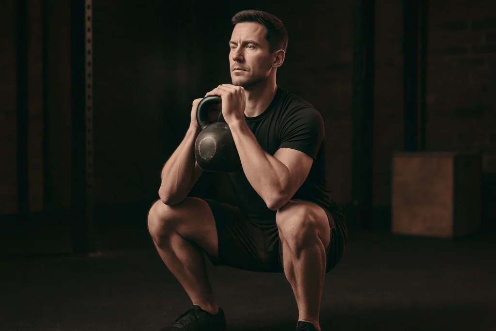 athlete performing a simple, well executed kettlebell front squat